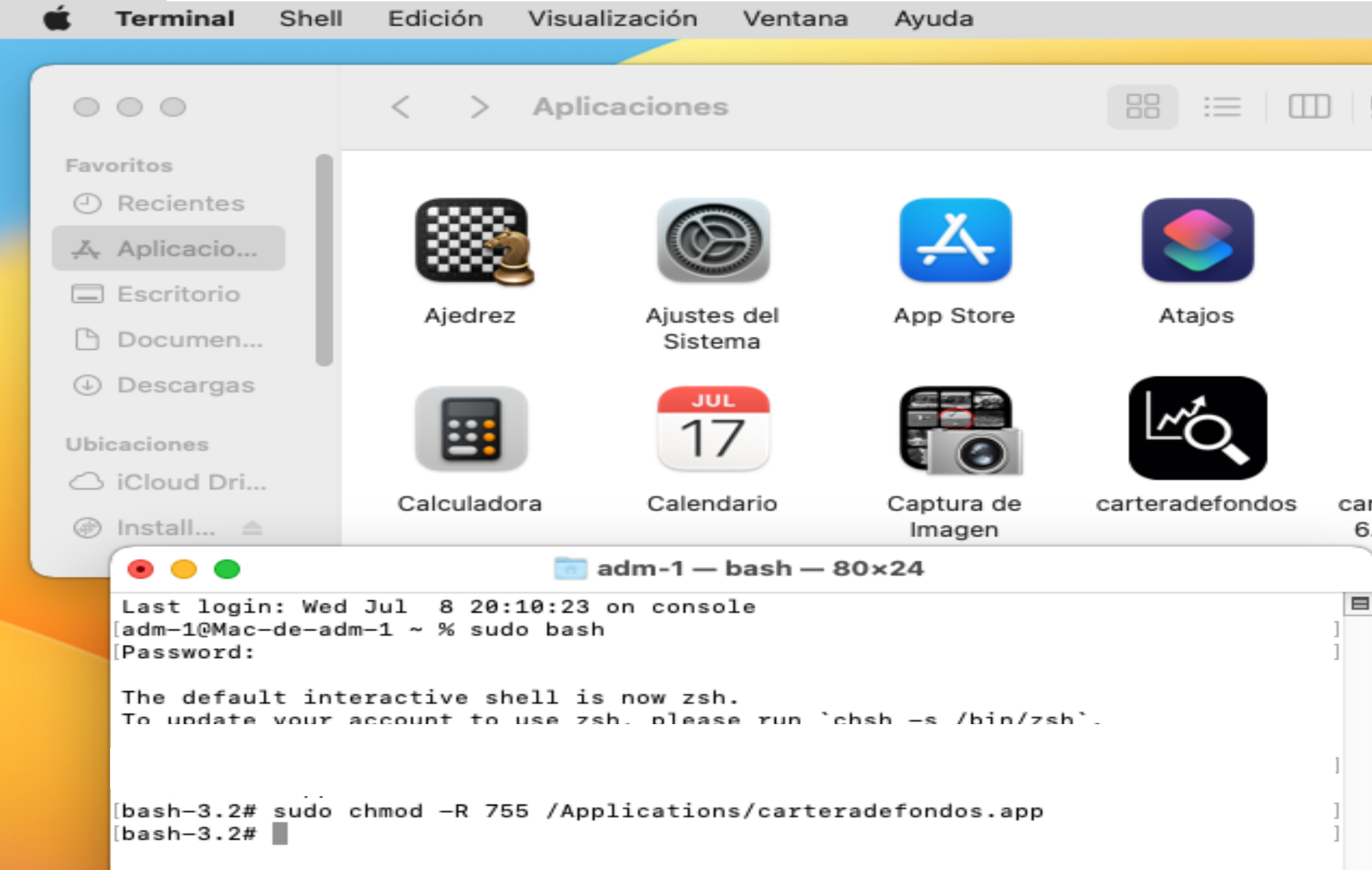 Ejemplo de permisos en Terminal para Mac