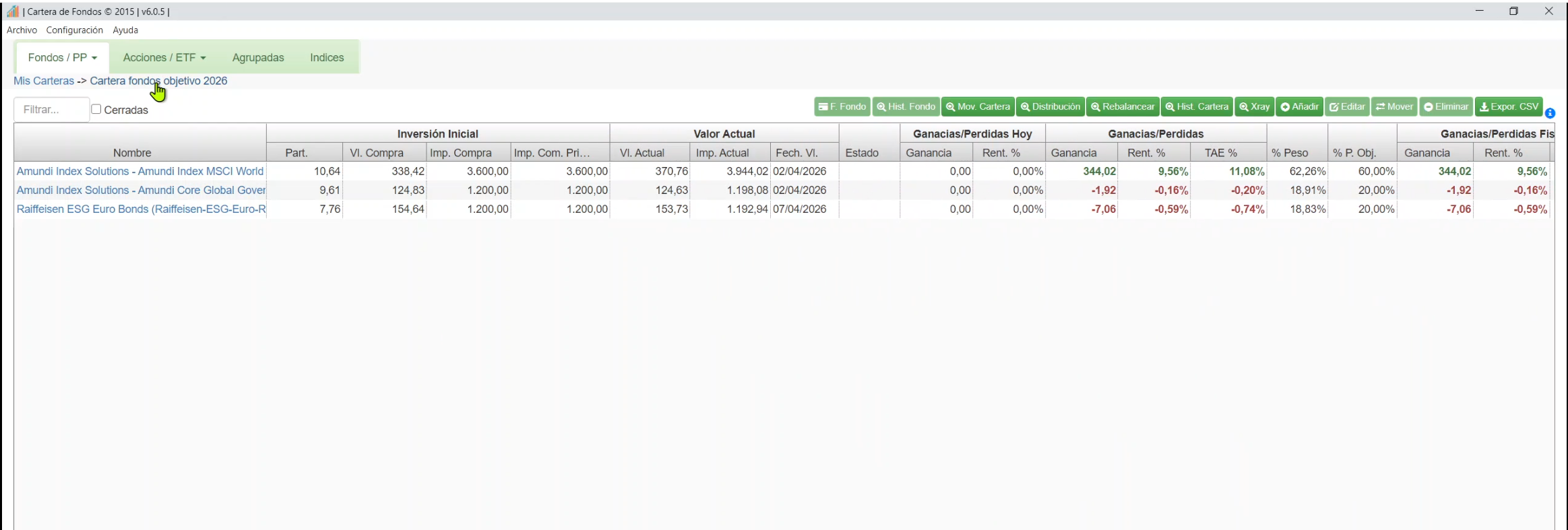 Detalle de cartera en la aplicación