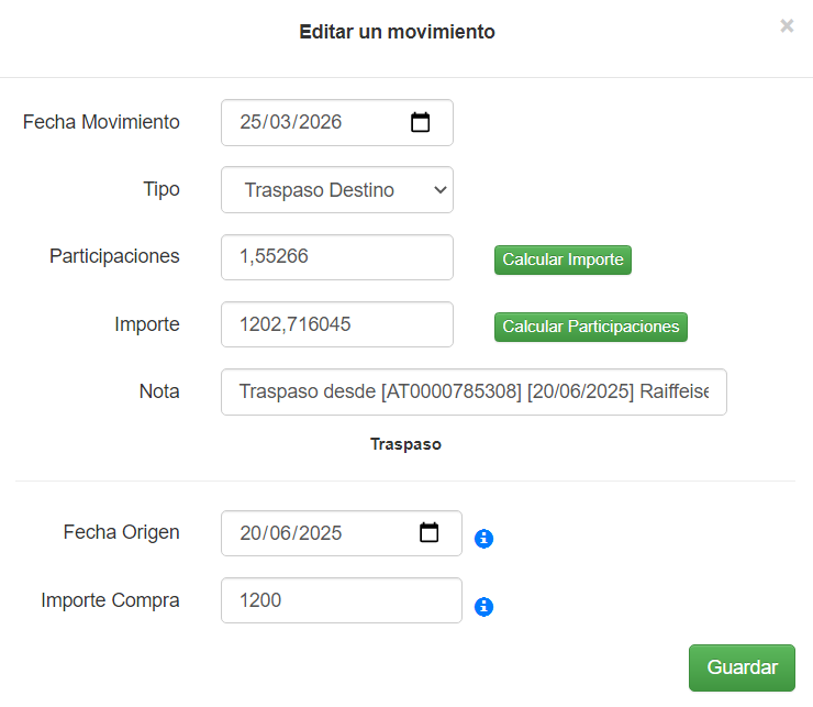 Pantalla de traspaso destino en la aplicación
