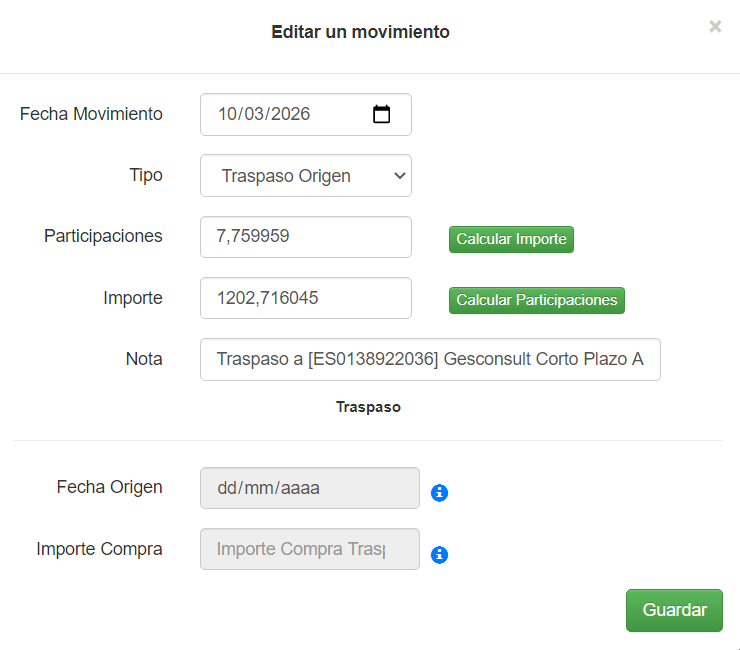 Pantalla de traspaso origen en la aplicación